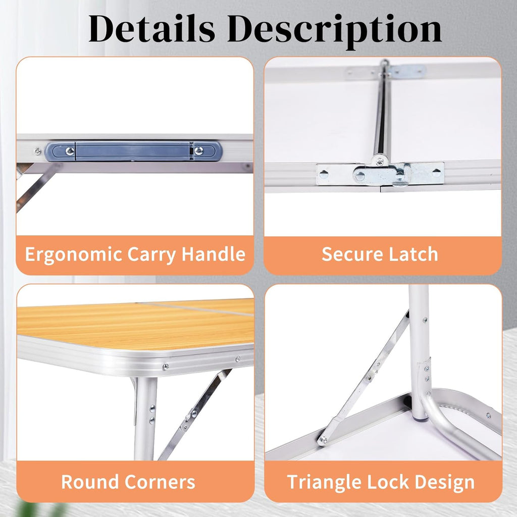 Outvita 4ft Portable Folding Camping Table, Outdoor Waterproof Adjustable Height Table, Aluminum Lightweight Suitcase Foldable Table for Picnic BBQ Beach Dining