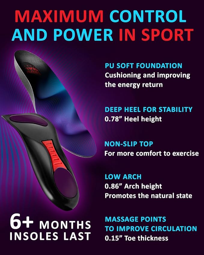 Sport Shock Absorbing Insoles - Athletic Shoe Cushioning Inserts for Men and Women - Ideal for Active Sports Running Training Hiking - Neutral Arch Good for Sneakers Shoes (S, Indigo)