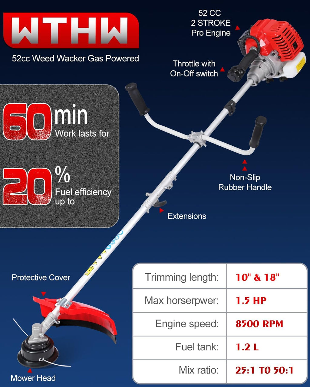 52 cc 2-Cycle Gas Powered Weed Eater, String Trimmer & Brush Cutter 3-in-1, 7,500 RPM Full-Crank, Low-Vibration Quick-Start Recoil, Detachable Shaft, Heavy Duty Weed Wacker (DE631)