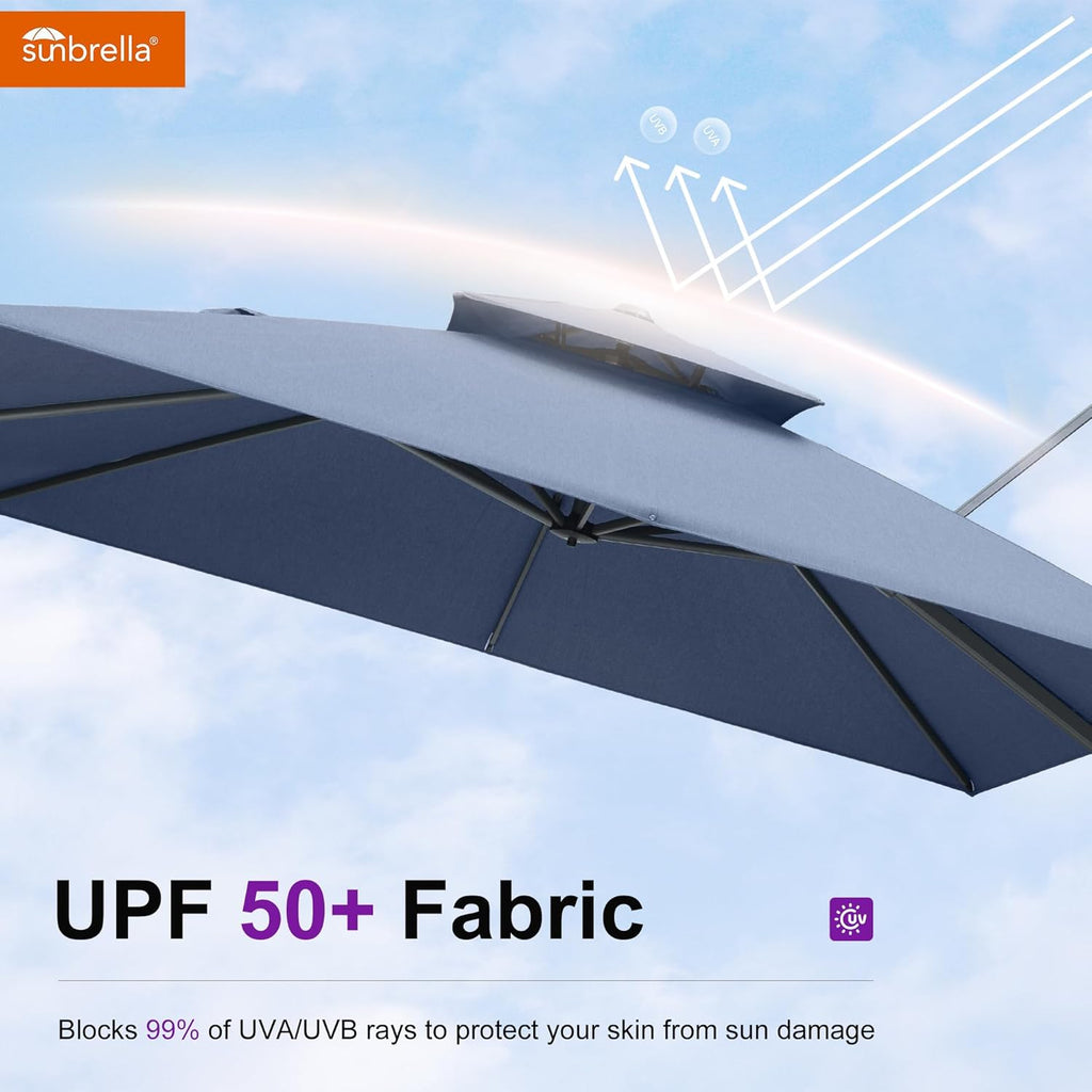 PURPLE LEAF Cantilever Umbrella 10FT Outdoor Double Top Large Offset Hanging 360° Rotation Heavy Duty Square Umbrella for Garden Patio Deck Pool Backyard Spectrum Denim