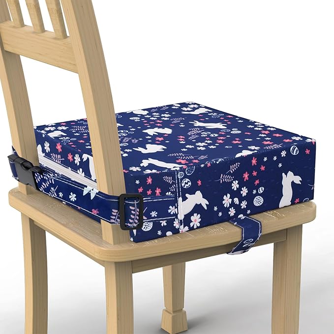 SMZCTYI Toddler Booster Seat for Dining Table, Stronger Support Non-Slip Bottom Double Safe Straps Booster Seat Dining Toddler, Portable Travel Increasing Cushion (Navy Blue Rabbit)