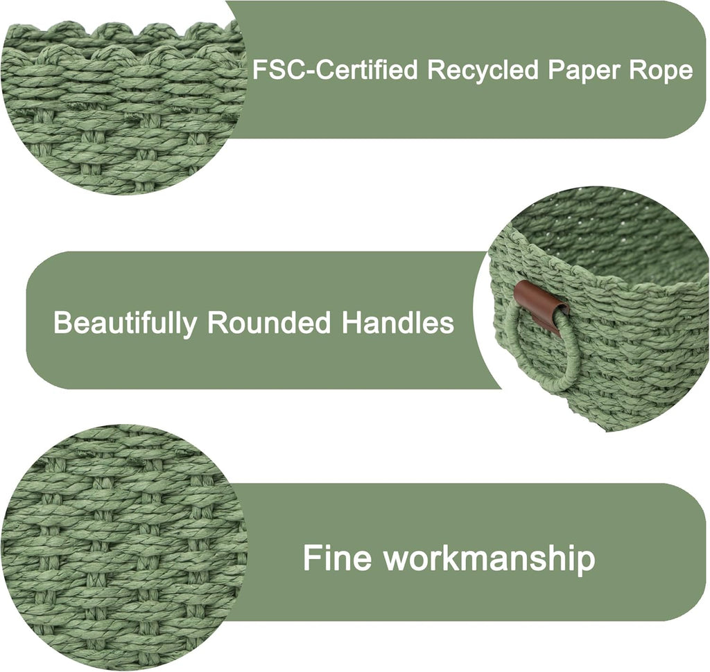 Small baskets for Organizing,Cute woven Storage basket with recycled paper rope for Shelves Bathroom,Little decorative basket,Set of 3 (Dark Green)