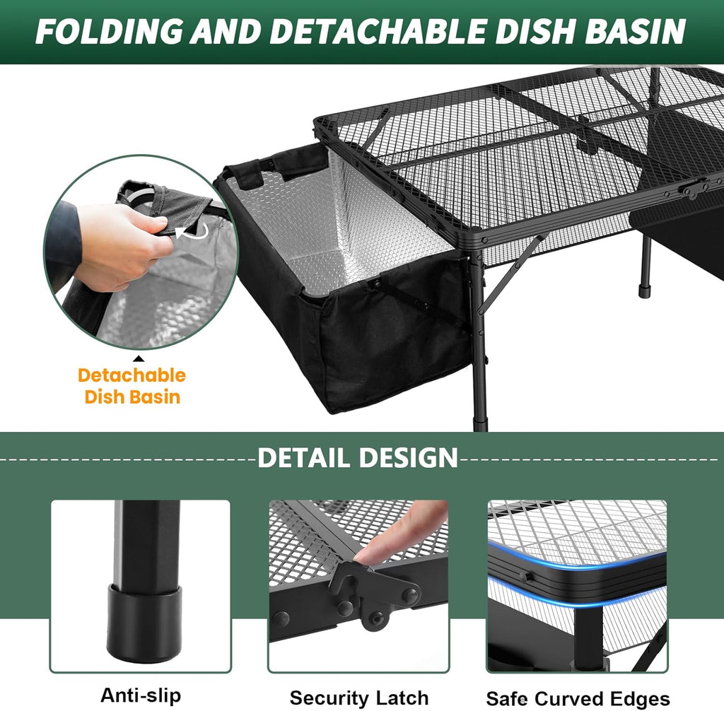 Portable Folding Grill Table with Sink for Outdoor, Lightweight Aluminum Frame Folding Grill Stand Picnic Table Camping Cooking BBQ, RV Picnic,2 Heights Adjustable(Black)