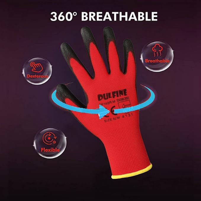 DULFINE Safety Work Gloves PU Coated-60 Pairs,Red Seamless Knit Glove with Polyurethane Coated Smooth Grip on Palm & Fingers, for Men and Women, Ideal for General Duty Work (Small)