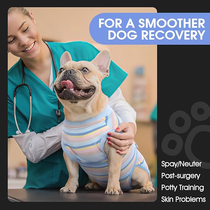 FUAMEY Recovery Suit for Dogs After Surgery,Soft Breathable Dog Bodysuit E-Collar & Cone Alternative Surgical Suit,Male Female Dog Neuter Spay Suits Anti Licking Wounds Onesie Blue Yellow Stripes L