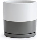 D'vine Dev 8 Inch Ceramic Planter Pot with Drainage Hole and Saucer, Indoor Cylinder Round Planter Pot, White/Speckled Grey, 94-O-D-6