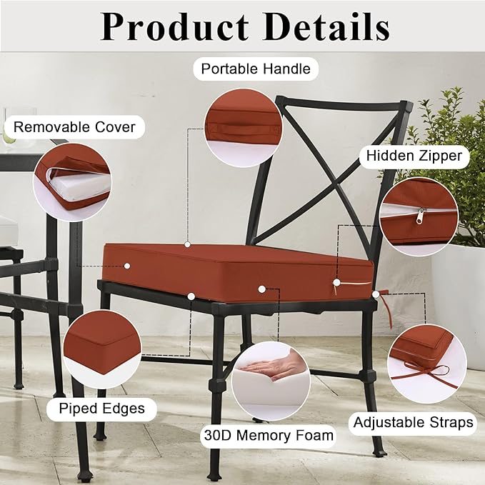 Outdoor Chair Cushions Set of 2 for Patio Furniture 22x22x4 Inch Waterproof Patio Chair Cushion 3 Year Color Fastness Square Elastic Foam Garden Sofa Couch Pads with Ties and Handle,Spice