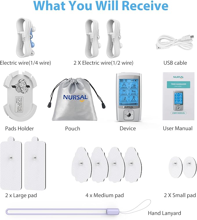 NURSAL 24 Modes TENS Unit Muscle Stimulator with Continuous Stimulation, Rechargeable Electronic Pulse Massager with 8 Pads for Back and Shoulder Pain Relief and Muscle Strength (Silver)