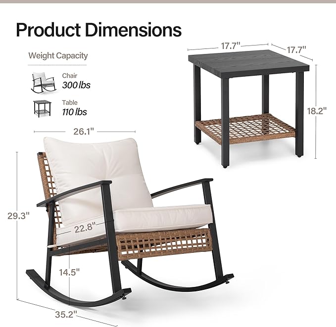 LAUSAINT HOME 3-Piece Rocking Bistro Set, Outdoor Patio Furniture with Thick Cushions and 2-Tier Coffee Table, Oversize Rattan Conversation Set for Garden, Balcony, Backyard (Beige)