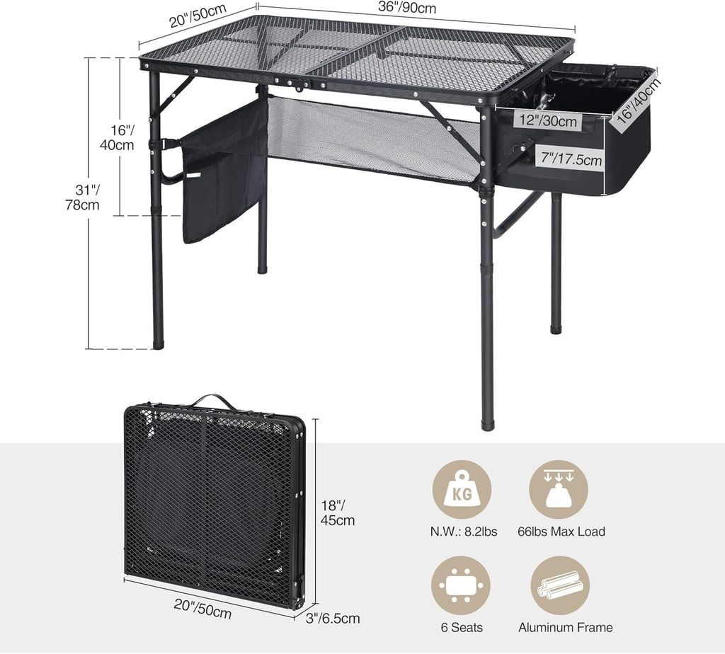 REDCAMP Folding Portable Grill Table with Sink for Outside, Lightweight Aluminum Metal Grill Stand Picnic Table for Camping Cooking BBQ RV Picnic, 2 Heights Adjustable,Black 36"x20"