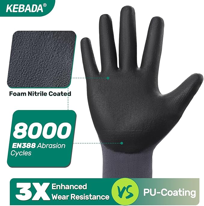 Kebada Work Gloves for Men and Women, Foam Nitrile Coated Safety Gloves with Grip, Ideal for Warehouse Package Handling, Gardening, Mechanic and Construction, XS