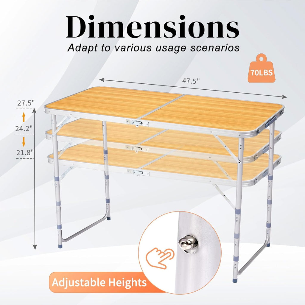 Outvita 4ft Portable Folding Camping Table, Outdoor Waterproof Adjustable Height Table, Aluminum Lightweight Suitcase Foldable Table for Picnic BBQ Beach Dining