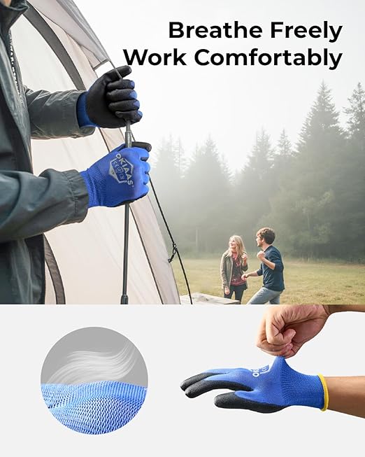 OKIAAS Work Gloves for Men，Ultra Thin and Lightweight Working Gloves with Grip, 12 Pairs Bulk Pack with Polyurethane Coating, for Light Duty Work (Blue, Small)
