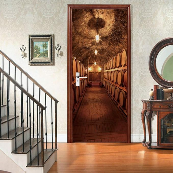 3D Peel and Stick Murals - Wine Cellar Theme - Removable PVC Waterproof Door Poster, 37.4" x 82.7" for Bedroom and Living Room