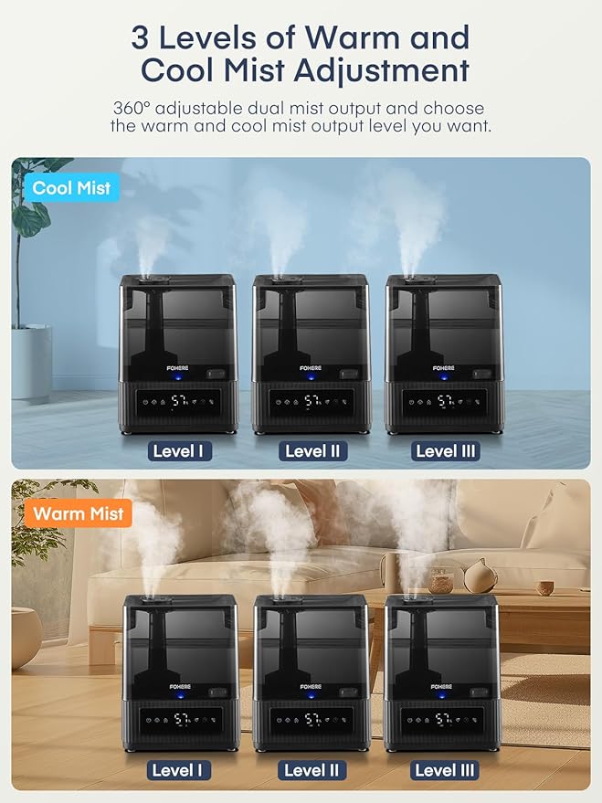 FOHERE Smart Humidifiers for Bedroom, 6L Warm and Cool Mist Quiet Humidifier with 60H Runtime, Humidity Control, Oil Diffuser, Sleep Mode, 12H Timer, Light, Top Fill Ultrasonic for Home Baby Plant