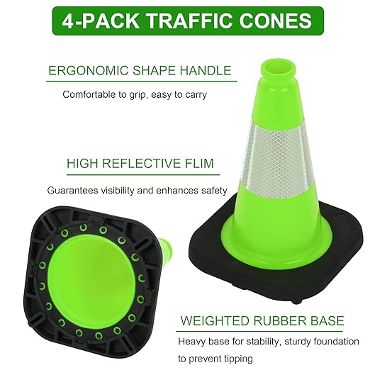 OrangeStar 12" Traffic Cones 4-Pack, Green Safety Cones with Reflective Collar & Heavy Duty Base for Driving Practice, Parking Lots, Roadwork, Construction | Indoor & Outdoor Use