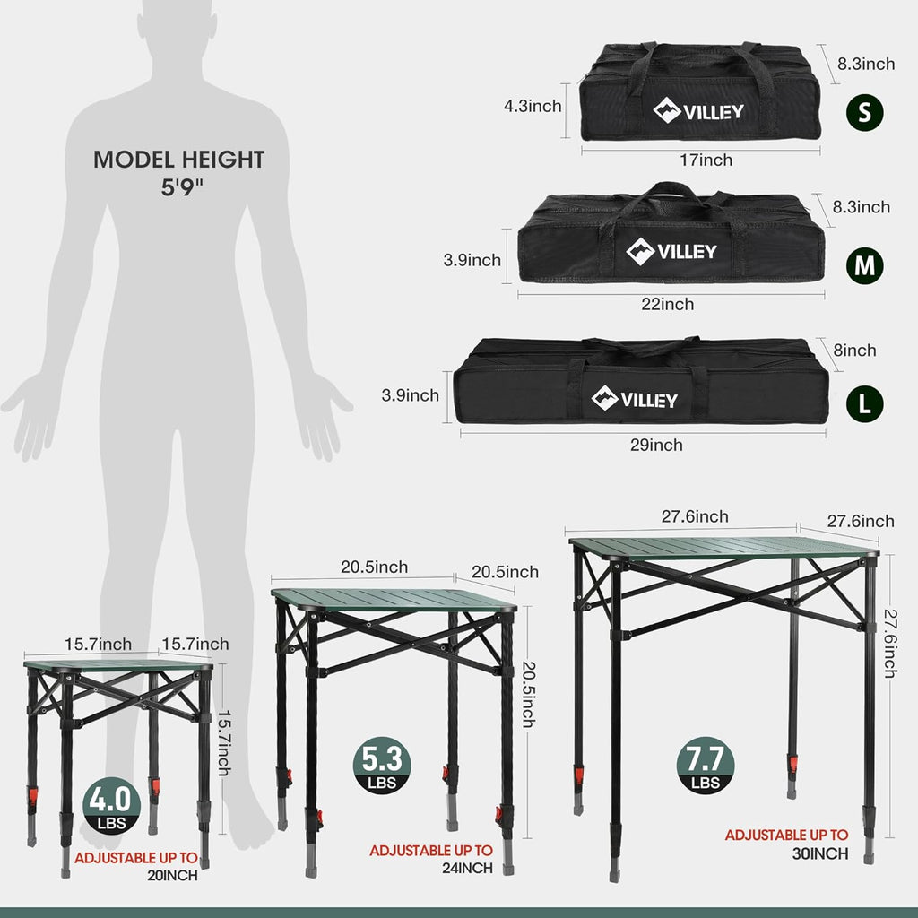 VILLEY Folding Camping Square Table with Carry Bag, Lightweight Aluminum Adjustable Square Table for Outdoor, Camping, Picnic, Backyards, BBQ (M)