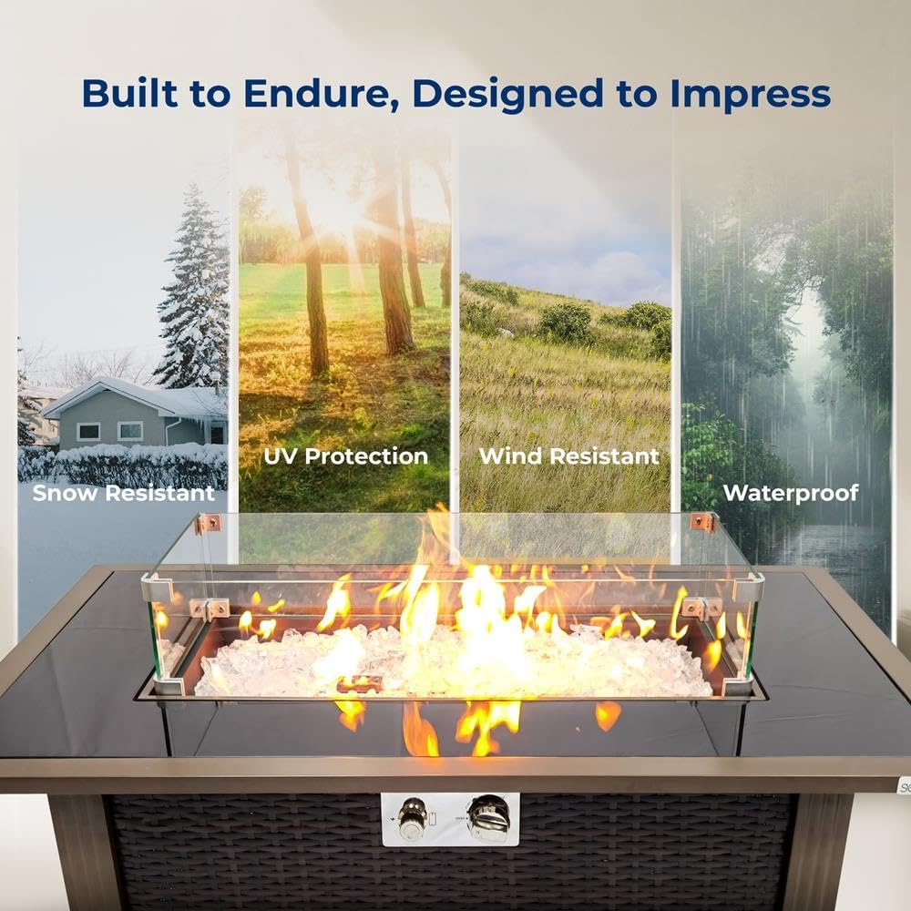 SereneLife 43.5-Inch Outdoor Propane Fire Pit Table – 50,000 BTU, Tempered Glass Wind Guard, Sliding Door, Auto-Ignition, Stainless Steel Burner, Waterproof Cover – Ideal for Patio, Garden & Backyard