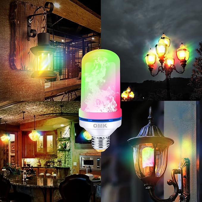 OMK LED Flame Effect Fire Light Bulbs (2 Pack), Flame Christmas Decor 4 Modes Flickering Fire Simulated Lamps, E26 Base Energy Efficient LED Bulb for Indoor/Outdoor Holiday