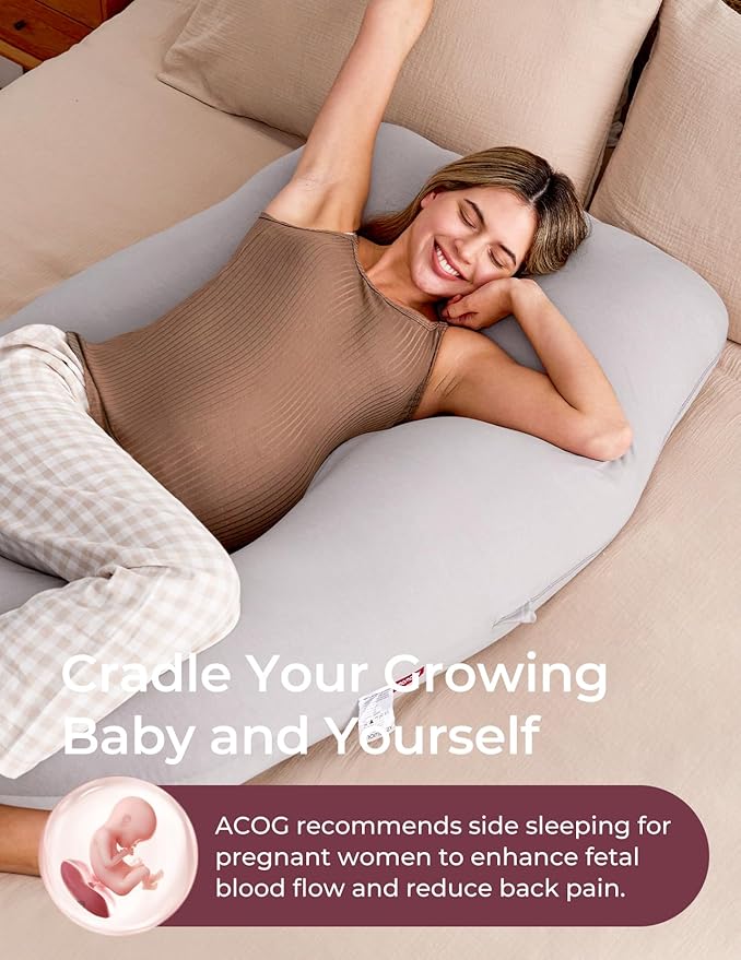 Momcozy Pregnancy Pillows for Sleeping, U Shaped Full Body Pillow for Pregnancy Women with Removable Jersey Cotton Cover, 57 Inch Maternity Pillow, Grey