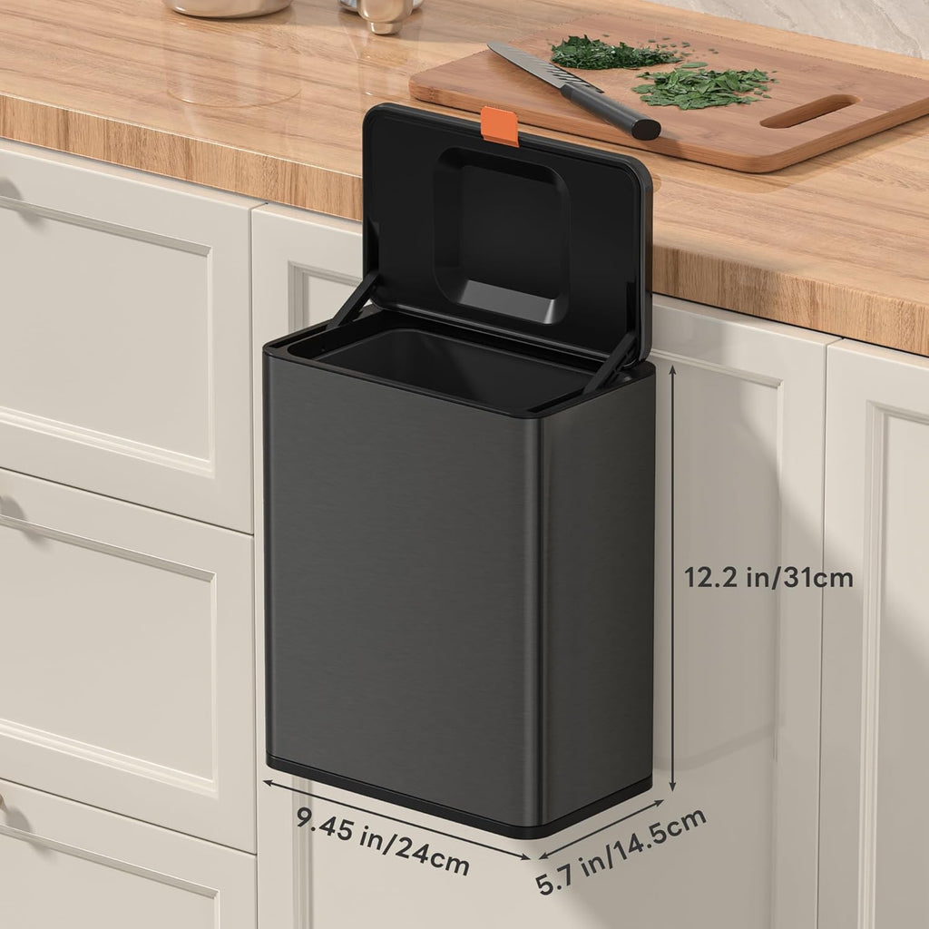 Mbillion Kitchen Compost Bin Hanging Trash Can with Lid 2.1 Gallon Stainless Steel Garbage Can for Kitchen Cabinet Door Mounted Trash Can Under Sink Door RV Bathroom,Brushed Black