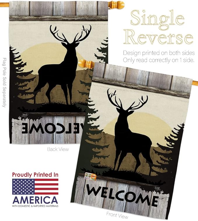 Welcome Deer Garden House Flags Kit Animals Wildlife Outdoor Bear Wolf Pet Nature Farm Animal Creature Small Decorative Gift Yard Banner Made In USA 28 X 40