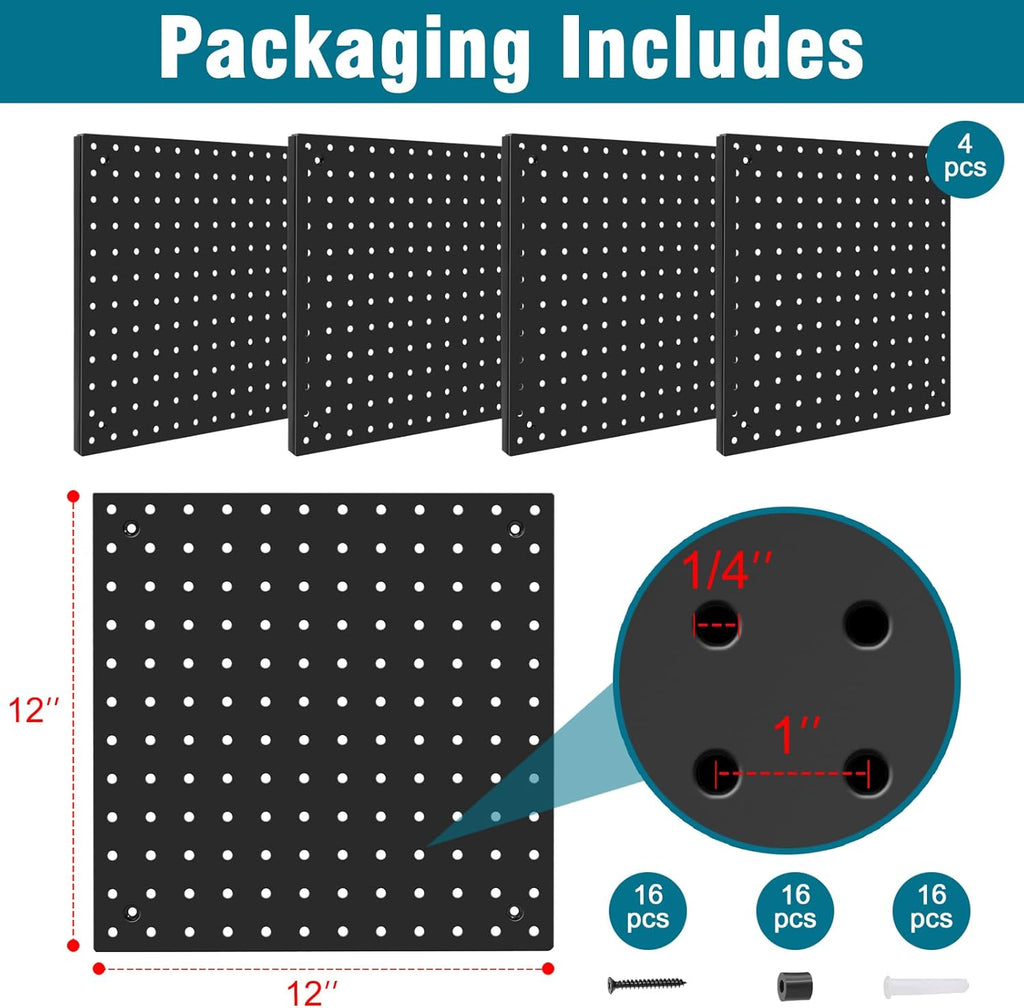Peg Board,Steel Organization Panels, Ideal for Garage Tool Storage, Office Organization, Craft Room, Kitchen,Pack of 4 (Black, 4-12X12)