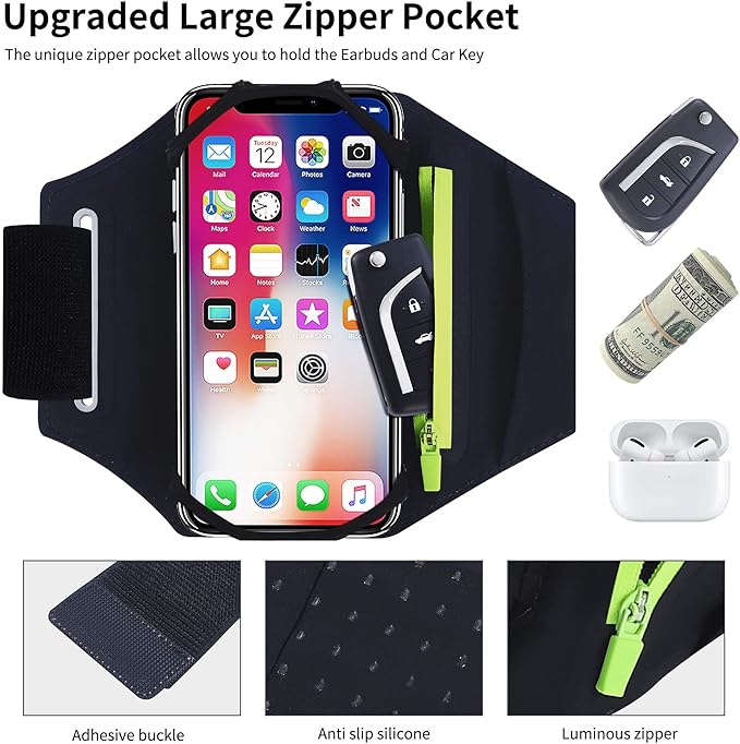 Detachable & 360° Rotatable Running Armband -with Reflective Strap Zipper Pocket & Earphone Bag for iPhone 16 15 14 Pro Max Plus Samsung Galaxy – Workout Exercise Phone Holder with Card Key Slot
