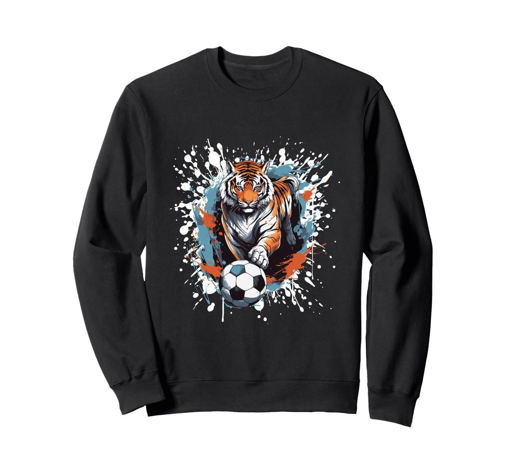 Tiger Playing Soccer Funny Animal Sweatshirt - Graphic Print for Adults