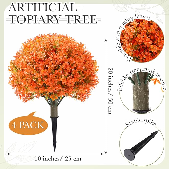 Yunlly 4 Pack 18" Artificial Boxwood Ball Bush Topiary Trees Fake Outdoor Plants, Realistic UV Resistance Faux Shrubs with Spike Greenery Topiary for Front Porch Garden Yard Patio Indoor (Orange)