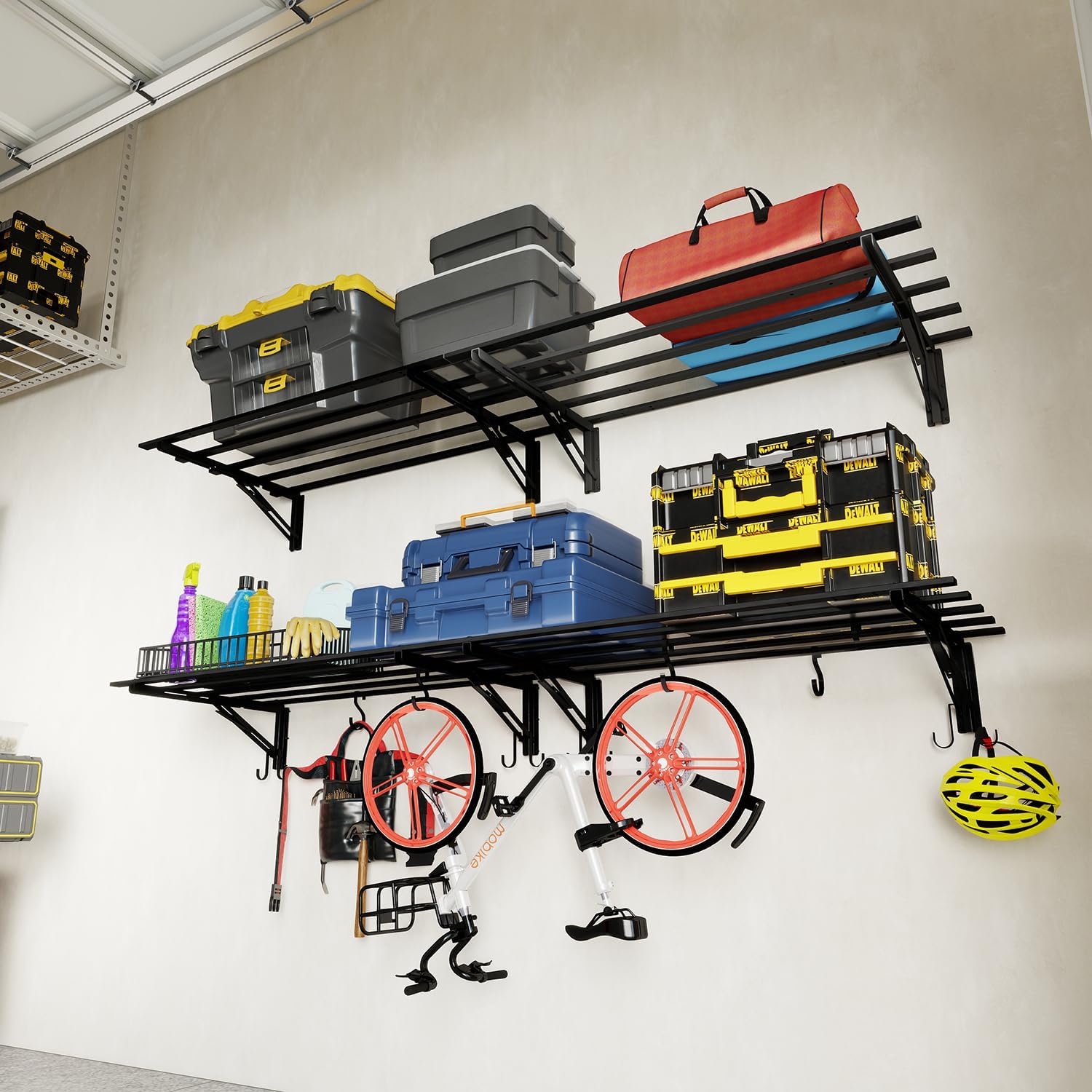2-Pack Garage Storage System Shelves 3.21x1.64 ft - Industrial Hanging Shelf Wall Mount Kit with Hooks, Folding Garage Wall Shelves, Durable Metal Floating Shelf, Black Shelves Wall Mounted Setup