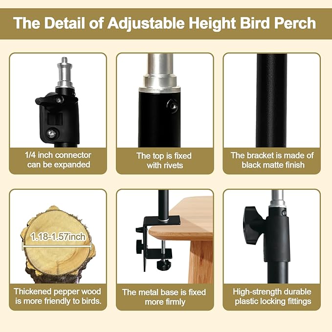 18-27 Inch Height Adjustable Bird Perch Pepper Wood Desktop Bird Training Perch Stand with Feeding Cups and Swing Toy Parakeet Perches Indoor and Outdoor Parrot Stand for Small to Medium Birds