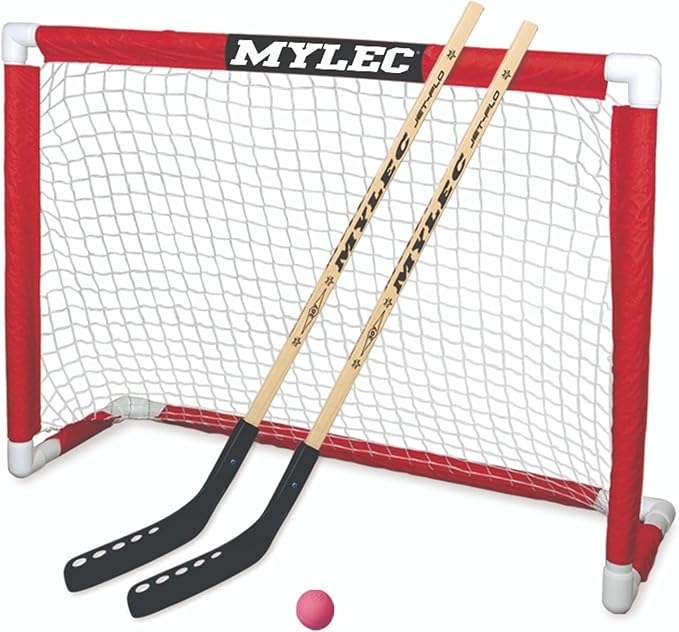 MyLec Deluxe Hockey Set, with 1 Hockey Goal, 2 43" Hockey Sticks & 1 Soft Ball, Sleeve Netting System, PVC Tubing Net, Lighweight & Durable, Enhanced Grip, Pre-Curved Mini Hockey Stick (Red/White)