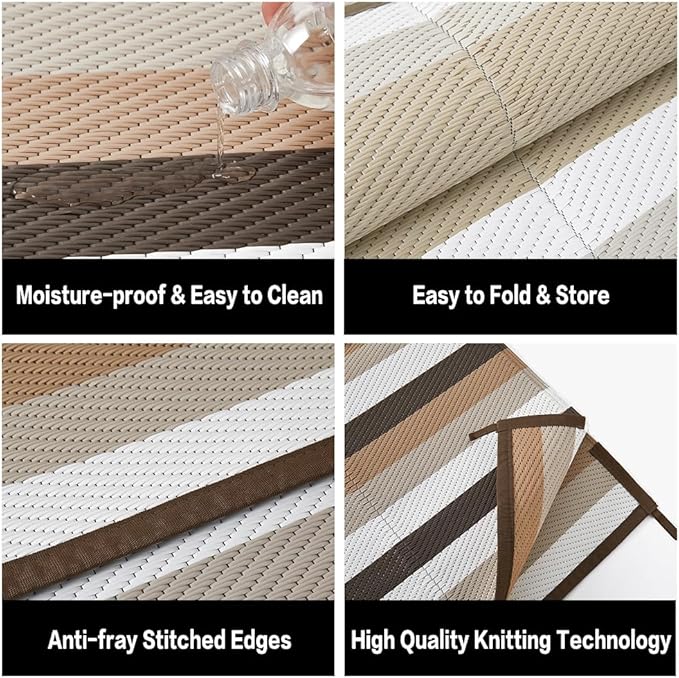 Outdoor Waterproof Rug 6'x9' Plastic Straw Rugs Washable Reversible Floor Mat Brown Stripe Carpet for Camping RV Deck Entryance Porch Picnic Balcony Beach Backyard