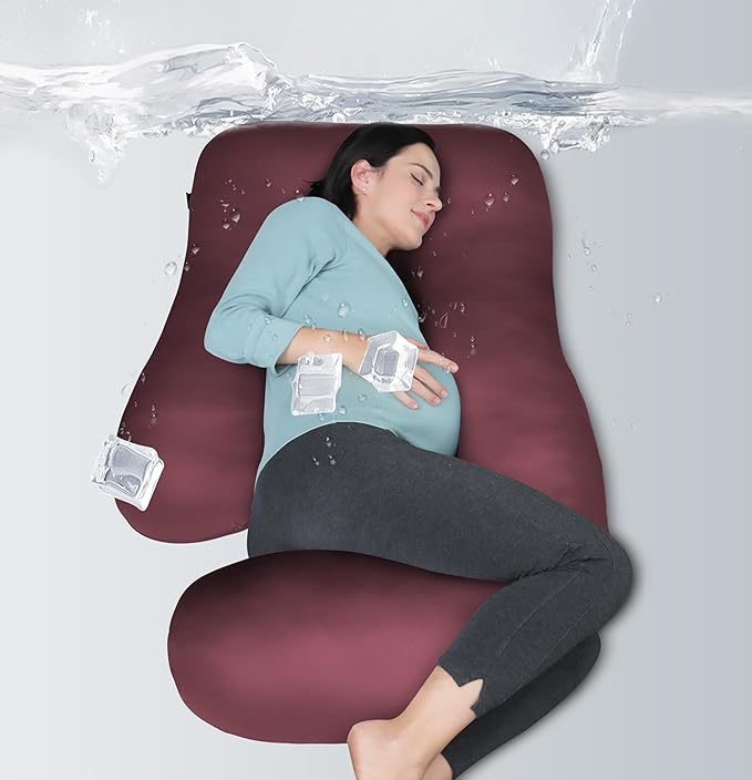 MOON PARK Pregnancy Pillows for Sleeping - U Shaped Full Body Maternity Pillow with Removable Cover - Support for Back, Legs, Belly, HIPS - 65 Inch - Burgundy - Cooling Cover