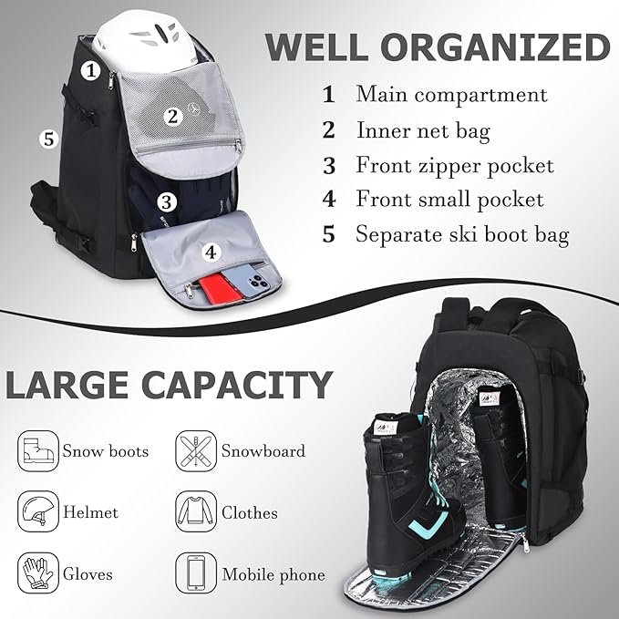 JIANYA Ski Boot Bag, 50L Waterproof Travel Backpack for Snowboard, Ski Helmet, Goggles, Gloves & Accessories, Black
