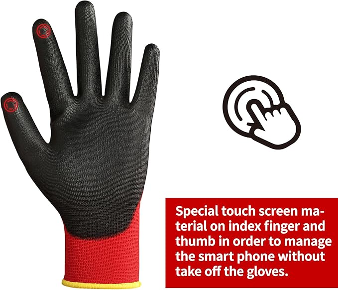 DULFINE Safety Work Gloves PU Coated for Men and Women-12 Pairs,Red Seamless Knit Glove with Two Fingers Touchscreen,Ideal for General Duty Work (Large)