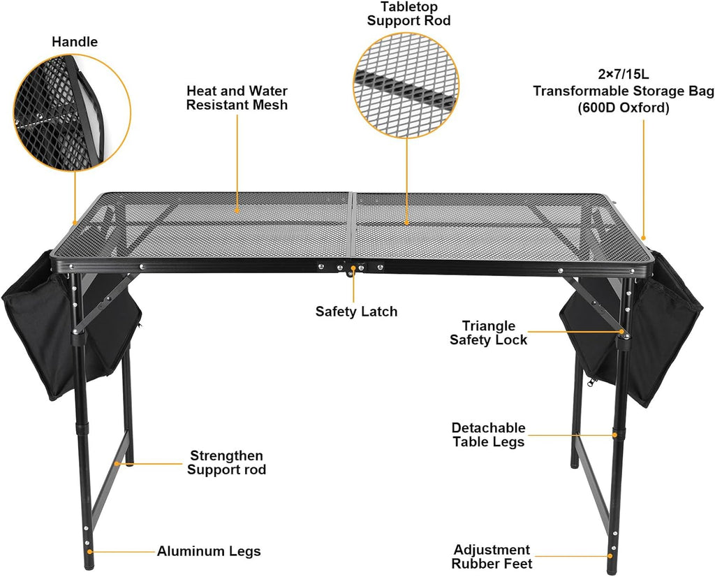 Grill Table 4FT Camping Table with 7/15 L Storage Bag 3 Height Adjustable Picnic Table Foldable Folding Portable Stand Mesh Outdoor BBQ