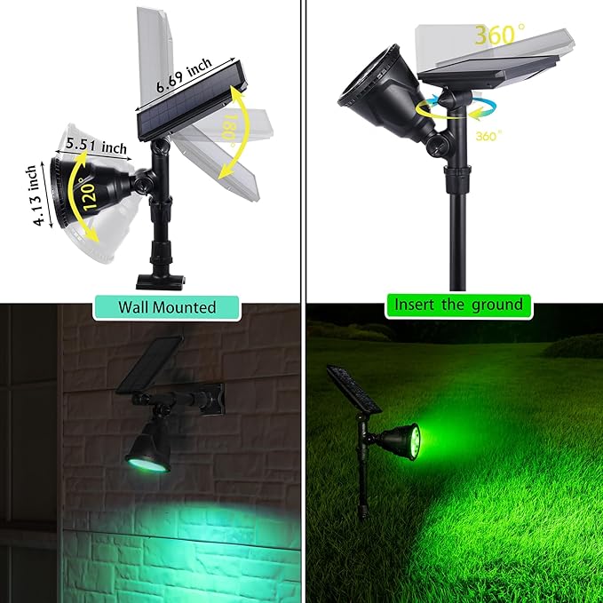 Solar Outdoor Spotlights - 18 LED, 600 Lumens, Waterproof, 7 Colors Adjustable for Year Round Patio, Garden, and Landscape Festive Lighting (1 Pack)