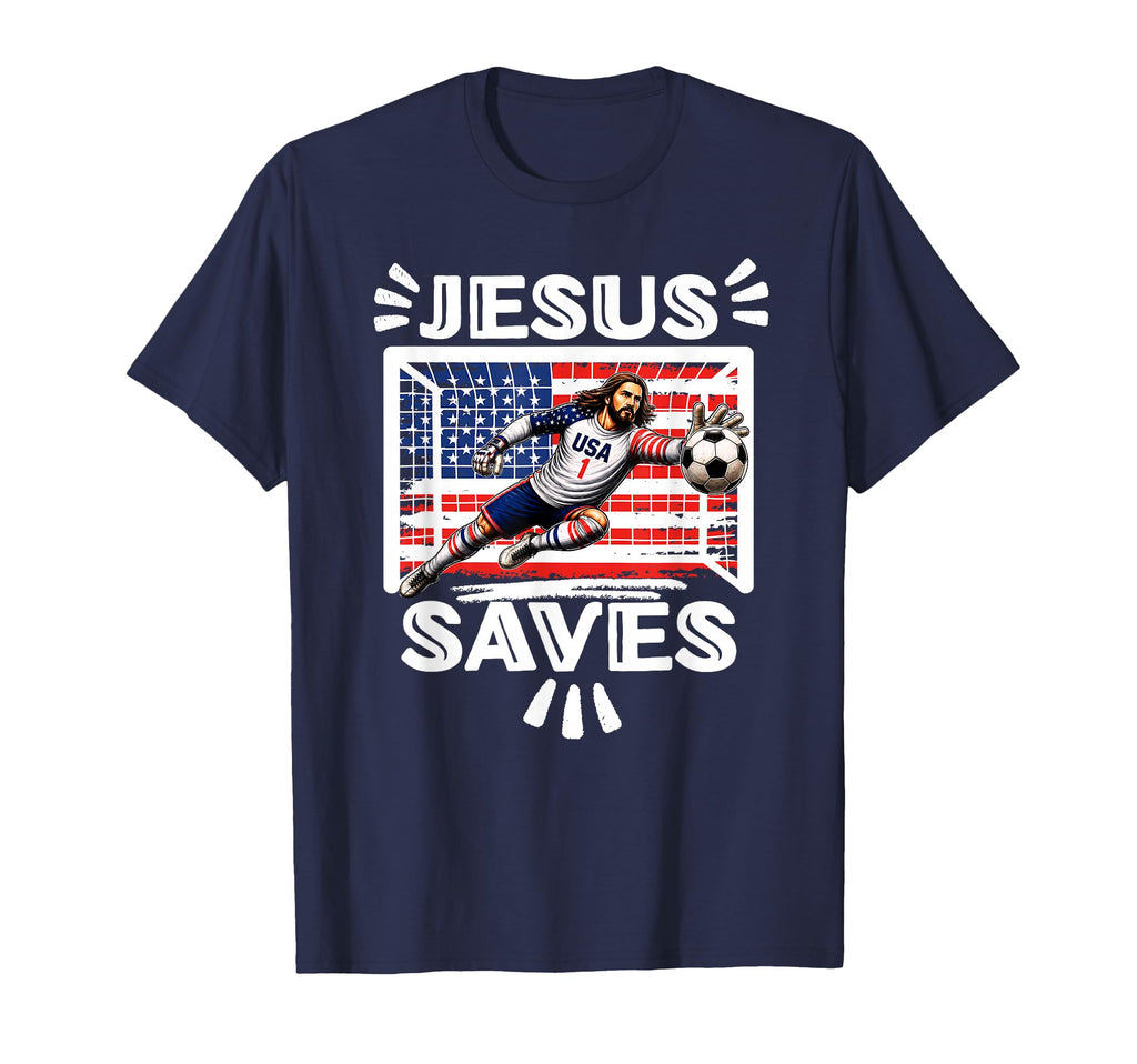 Funny Soccer Jesus Saves Usa Flag T-Shirt - Fun Novelty Design for Adults