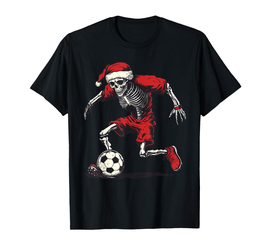 Santa Skeleton Playing Soccer T-Shirt - Fun Novelty Design for Adults