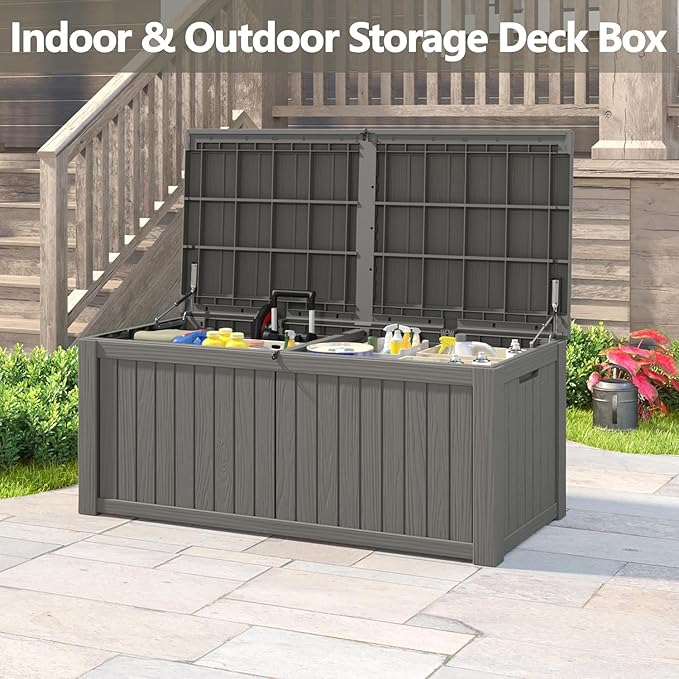 NUNU LAB 150 Gallon Outdoor Storage Box,Resin Large Sturdy Deck Box, Backyard Outside Storage Box Waterproof with Double Wall Panels,Package Delivery,Garden Outdoor Hose Bin