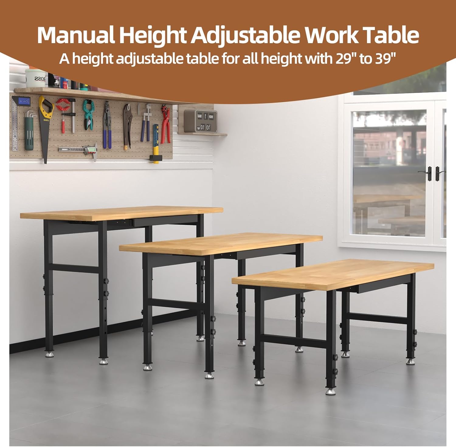 48” Chipboard Wood Work Bench Work Table, Mental Tool Heavy-Duty Adjustable Workbench, 3000 Lbs Capacity Tool Bench Workstation for Garage, Workshop