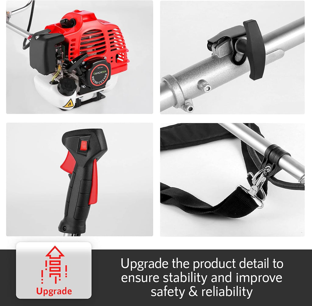 COOCHEER 58cc Gas Weed Eater, 4 in 1 String Trimmer 2-Cycle Gas Powered Brush Cutter Weed Wacker with 18.5’’ Cutting Path, Straight Shaft Weed Trimmer Grass Cutter for Yard, Lawn, Garden Care, Red