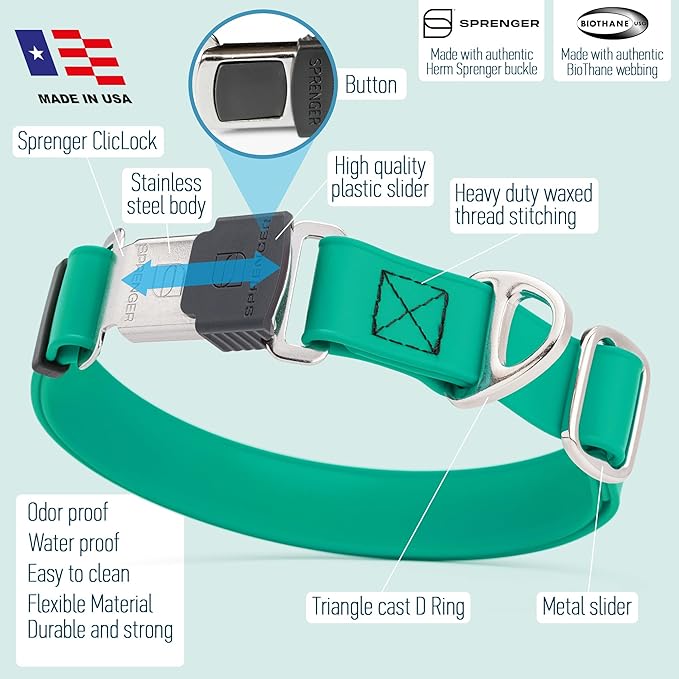 Dogline Biothane Waterproof Dog Collar with Herm Sprenger Black Stainless Steel Quick Release Buckle – Heavy Duty Tactical Durable Collar for Dogs – Comfortable and Safe Pet Collar W 3/4" L12-19 Teal