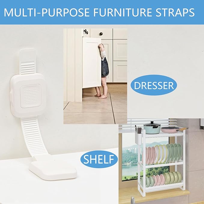 YEYA Upgraded No Drill Furniture Anchors for Baby Proofing, Anti-Tip Adjustable Straps, 2 Pack