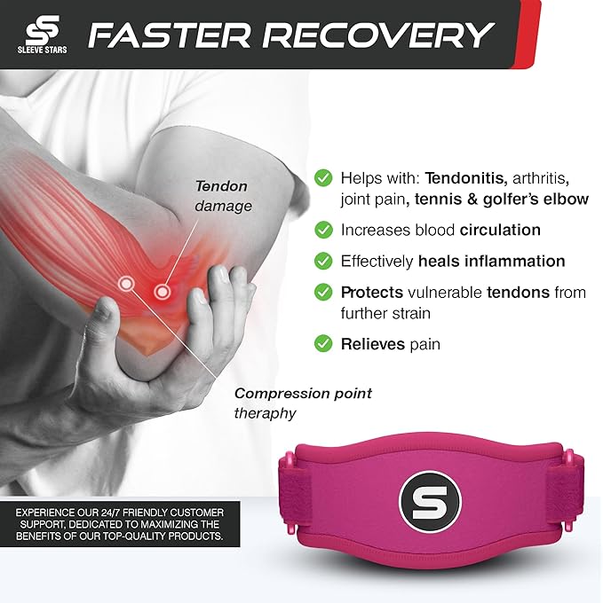 Sleeve Stars Tennis Elbow Brace for Women - Adjustable Tennis Elbow Strap, Golfers Elbow Brace for Men, Counterforce Brace for Tendonitis Relief, Fits 9"-23" (Single/Hot Pink)
