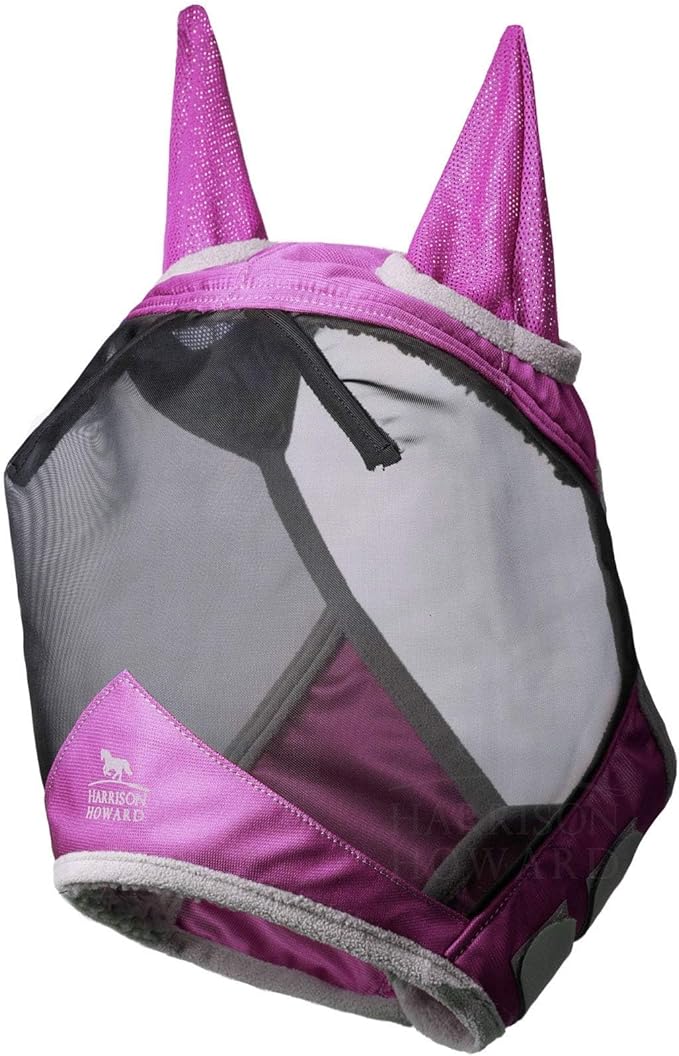 Harrison Howard CareMaster Pro Luminous Horse Fly Mask Large Eye Space Standard with Ears UV Protection for Horse Dark Magenta Full Size