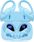 PocBuds Bluetooth Headphones Wireless Earbuds 80hrs Playtime Wireless Charging Case Digital Display Sports Ear Buds with Earhook Deep Bass IPX7 Waterproof Over-Ear Earphones for TV Phone Laptop Blue
