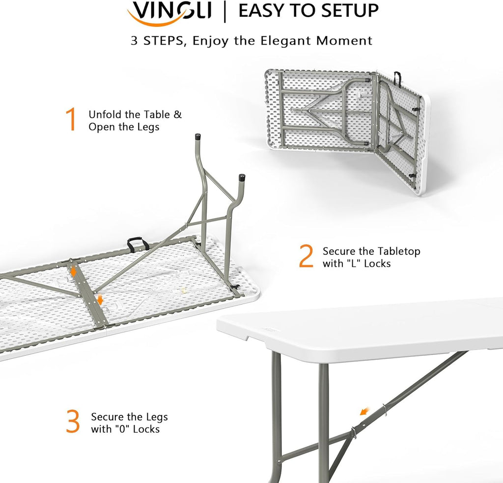VINGLI 6 Foot Plastic Folding Table Portable Long Table for Indoor Outdoor Use Rectangular with Carrying Handle, Smooth HDPE Tabletop, White